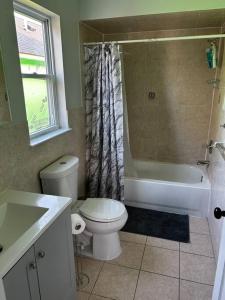 a bathroom with a toilet and a shower and a sink at Spacious Master Bedroom in Newark