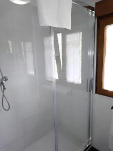 a shower with a glass door in a bathroom at El Rinconin de Degu in San Juan de Parres