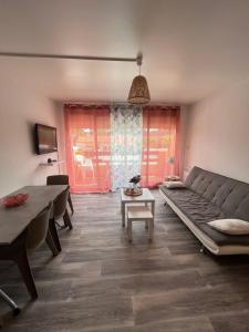 ein Wohnzimmer mit einem Sofa und einem Tisch in der Unterkunft Appartement Argelès-sur-Mer avec piscine à 500m de la mer in Argelès-sur-Mer