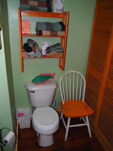 a bathroom with a toilet and a chair at New! The Turk Lake House - Lakefront With Toys! in Greenville