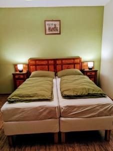 2 camas en un dormitorio con 2 lámparas en la pared en Villa Vittorio, en Forno di Zoldo