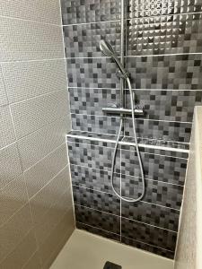 uma casa de banho com um chuveiro e uma parede de azulejos em Maison des Coulicous - 1 à 2 chambres em Montjoly