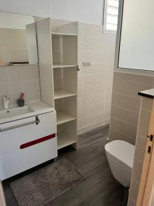 uma casa de banho com um lavatório branco e um WC. em Maison des Coulicous - 1 à 2 chambres em Montjoly