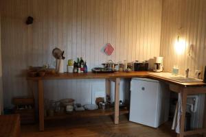 a kitchen with a counter and a white refrigerator at Aussichtsreich Odenwald in Wald-Michelbach