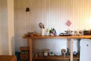 Aussichtsreich Odenwald في فالد-ميشيلباخ: مطبخ مع كونتر خشبي علوي مع عناصر متنوعة عليه