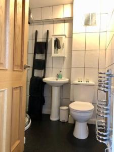 a small bathroom with a toilet and a sink at Bank Building Apartments in Barnoldswick