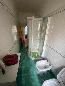 y baño con ducha, aseo y lavamanos. en B&G large and bright apartment en Cava deʼ Tirreni