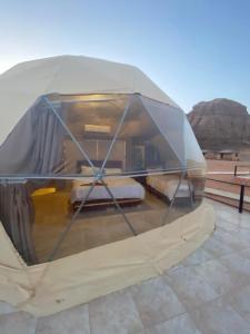 Zimmer mit 2 Betten in einem Zelt in der Unterkunft Bubbles Oasis Camp Wadi Rum in Wadi Rum