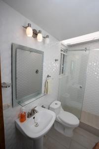 a bathroom with a toilet and a sink and a shower at Los Elementos in Santa Cruz La Laguna