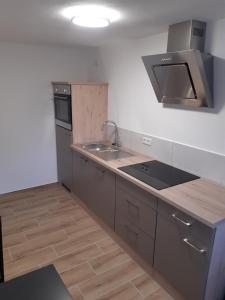 a kitchen with a sink and a stove top oven at Ferienwohnung Zenta in Tacherting