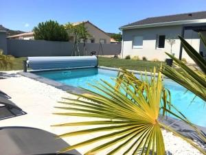 uma palmeira em frente a uma piscina em CHAMBRE & SDB PRIVÉE avec piscine en bord de Via Rhona em Sarras