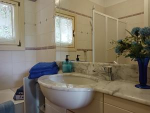 a bathroom with a white sink and a mirror at Villetta con giardino a due passi dal mare in Imperia