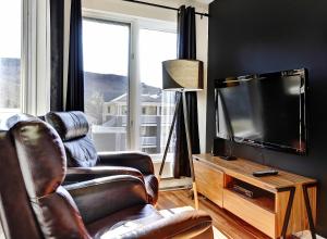 a living room with a chair and a television at 26#52 Chemin du Hameau (studio) in Stoneham