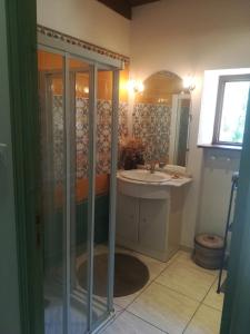 La salle de bains est pourvue d'une douche et d'un lavabo. dans l'établissement Le Baron Perché, à Saint-Cyprien