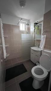 a bathroom with a toilet and a sink at Apartament ultramodern cu 2 camere in Onești