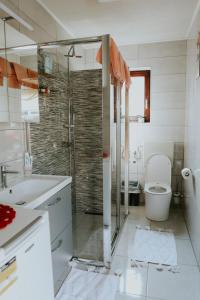 ein Bad mit einer Dusche, einem WC und einem Waschbecken in der Unterkunft Kuća za odmor ''FURLAN'' in Gospić