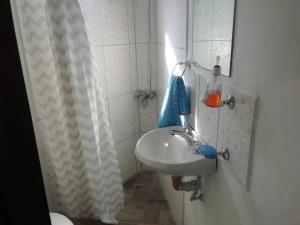 Un baño con lavabo y cortina de ducha. en Departamento Familiar con estacionamiento incluido, en Bahía Blanca