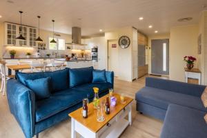 uma sala de estar com dois sofás azuis e uma cozinha em L'Oliveraie em Saint-Saturnin-dʼApt