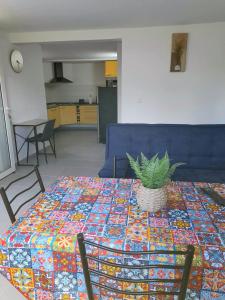 una mesa con una planta encima en una sala de estar en Logement Campagne Coquelicots Plaisance, en Le Lamentin