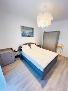 - une chambre avec un lit et un lustre dans l'établissement Apartment #12lunipebega Timisoara, à Timişoara