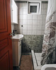 a bathroom with a sink and a shower curtain at Mountain View in Konitsa
