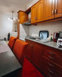 a kitchen with wooden cabinets and a counter top at Mountain View in Konitsa