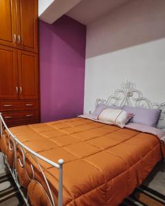 a bedroom with a bed with orange sheets and purple walls at Mountain View in Konitsa