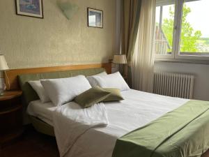 a bedroom with a bed with two pillows and a window at La Roche Hotel Appartments in Aosta