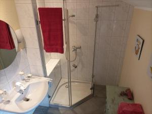 a bathroom with a shower and a sink at Ferienwohnung Stapelmoor in Weener
