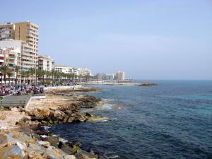 a group of people on a beach near the ocean at La Mata beach apartment Viñamar I, 200m from the beach in La Mata
