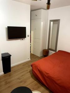 um quarto com uma cama e uma televisão de ecrã plano em Appartement - Rouen centre em Rouen