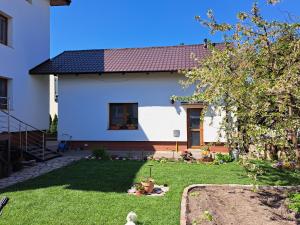 Biały dom z ogródkiem z drzewem w obiekcie Dach nad głową w Szczecinku