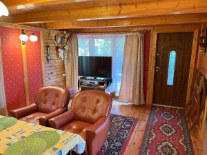 een woonkamer met 2 stoelen en een televisie bij Domek Myśliwski Wilkasy Zalesie in Wilkasy