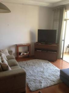 sala de estar con sofá y TV de pantalla plana en Aconchego bem localizado en Varginha