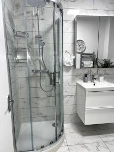 a glass shower in a bathroom with a sink at 2 Bedroom Flat in Vauxhall, London in London