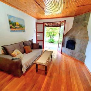 uma sala de estar com um sofá e uma lareira em Recanto da Natureza, chalé em Gonçalves