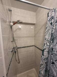 y baño con ducha y cortina de ducha. en Florence Guest House, en Weston-super-Mare