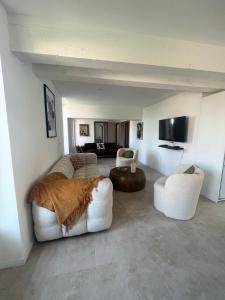 a living room with two couches and a flat screen tv at Appartement spacieux et agréable in Callian