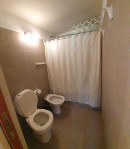 a bathroom with a toilet and a shower curtain at Casa Catedral Bariloche in San Carlos de Bariloche