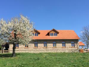 ein orangefarbenes überdachtes Haus mit einem Baum davor in der Unterkunft Napfenyes Vendeghaz in Bükkösd