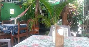 ein Esszimmer mit einem Tisch, Stühlen und Pflanzen in der Unterkunft Cocos Hostel in Moyogalpa