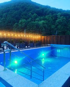 ein Schwimmbad mit einem Berg im Hintergrund in der Unterkunft Приватна садиба Шаянське джерело in Shayan