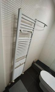 La salle de bains est pourvue de toilettes et d'une cabine de douche. dans l'établissement Glyfada Prime Location Spacious Apartment, à Athènes