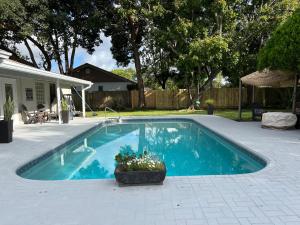 ein Schwimmbad mit Topfpflanze neben einem Haus in der Unterkunft Modern 6/3 Equestrian Paradise in Wellington