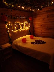 a bedroom with a bed with christmas lights at Glamping entre bosques in La Calera
