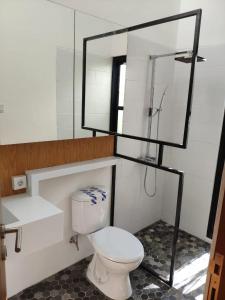 ein Badezimmer mit Toilette, Waschbecken und Spiegel in der Unterkunft Villa Maitreya in Uluwatu