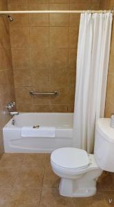 a bathroom with a toilet and a bath tub with a shower curtain at White Fang Motel in Wawa