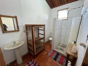 uma casa de banho com um lavatório, um WC e um chuveiro em Pousada Fazenda São Pedro em Delfinópolis