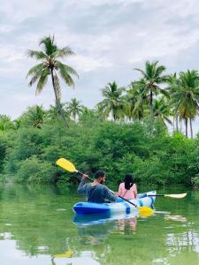 due persone in kayak su un fiume con palme di Cozy, Comfy Homestay a Hithadhoo