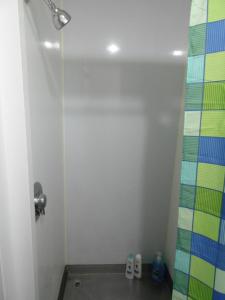 y baño con ducha y pared de azulejos. en Cambridge Bed & Breakfast, en Cambridge